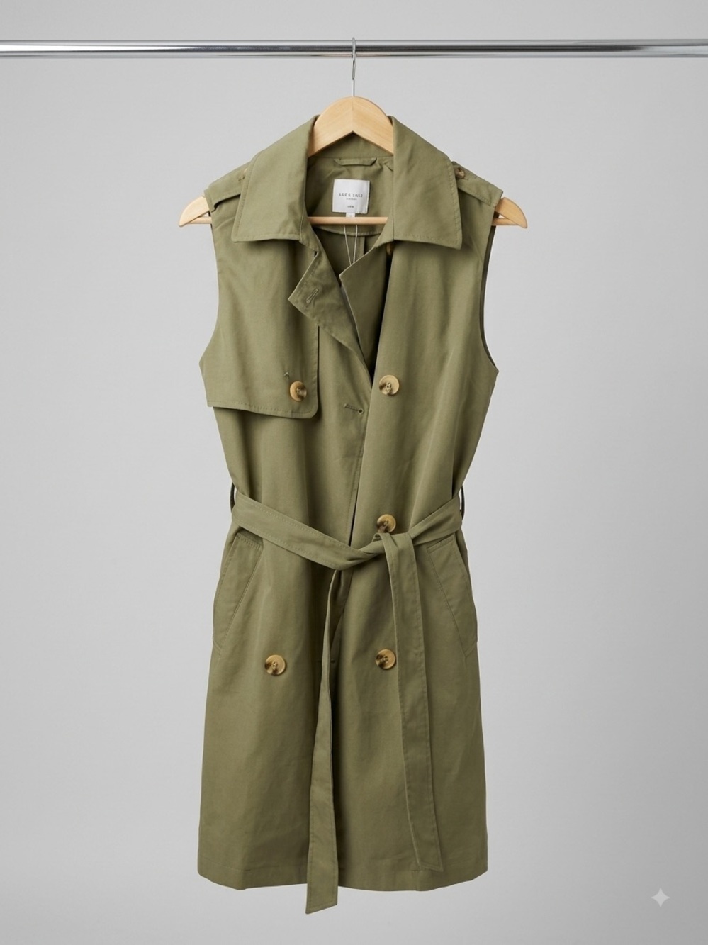 Love Tree Olive Sleeveless Trench Coat with Tie Belt- L